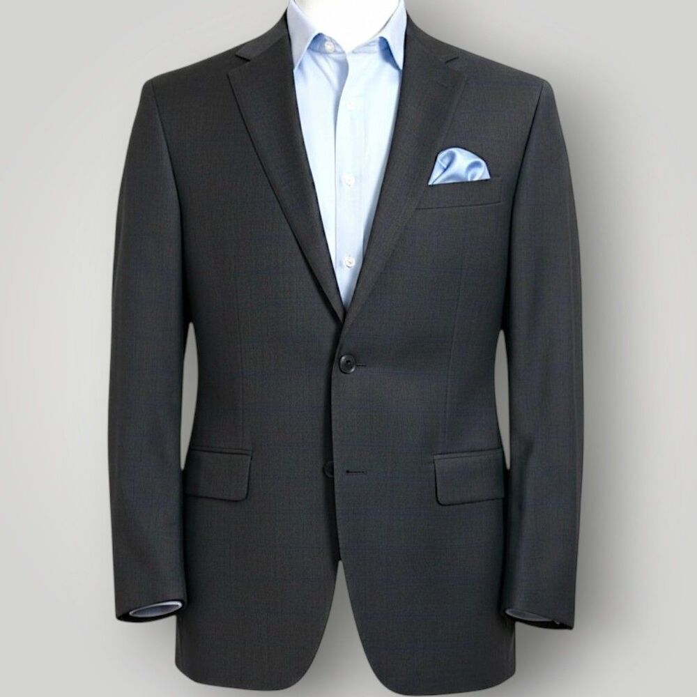 CALVIN KLEIN Men Blazer Sport Coat 2-Button Suit Jacket Plaid 46L Gray/Blue Wool